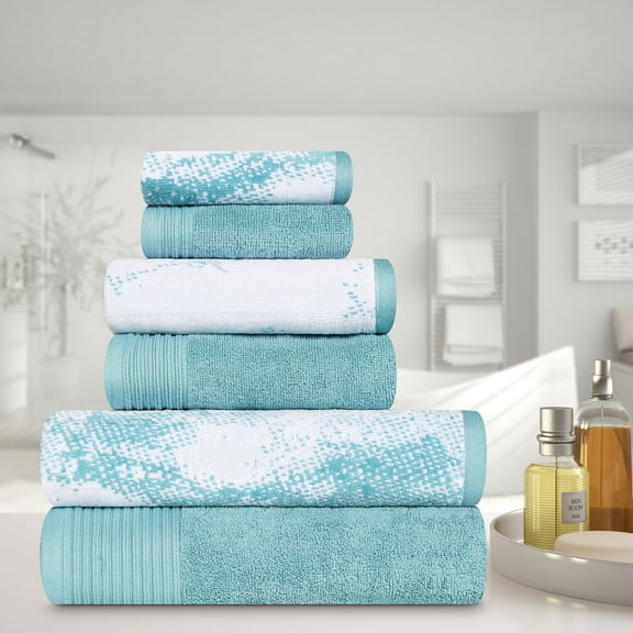 BNM Cotton 6 Piece Assorted Solid and Marble Towel Set, Cyan