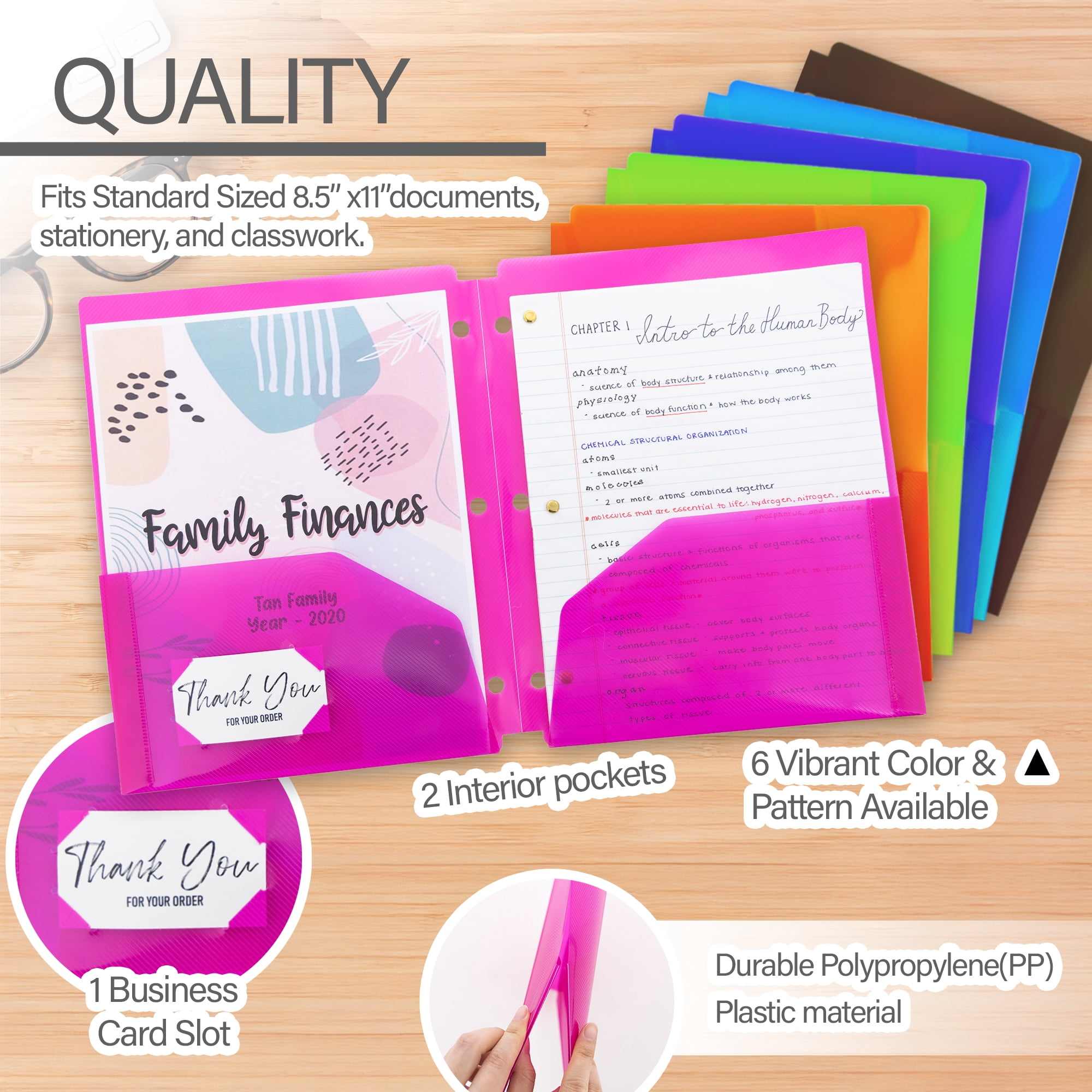 BAZIC Two Pocket Paper Portfolios, 3 Holes Document Poly Folders , 48-Pack