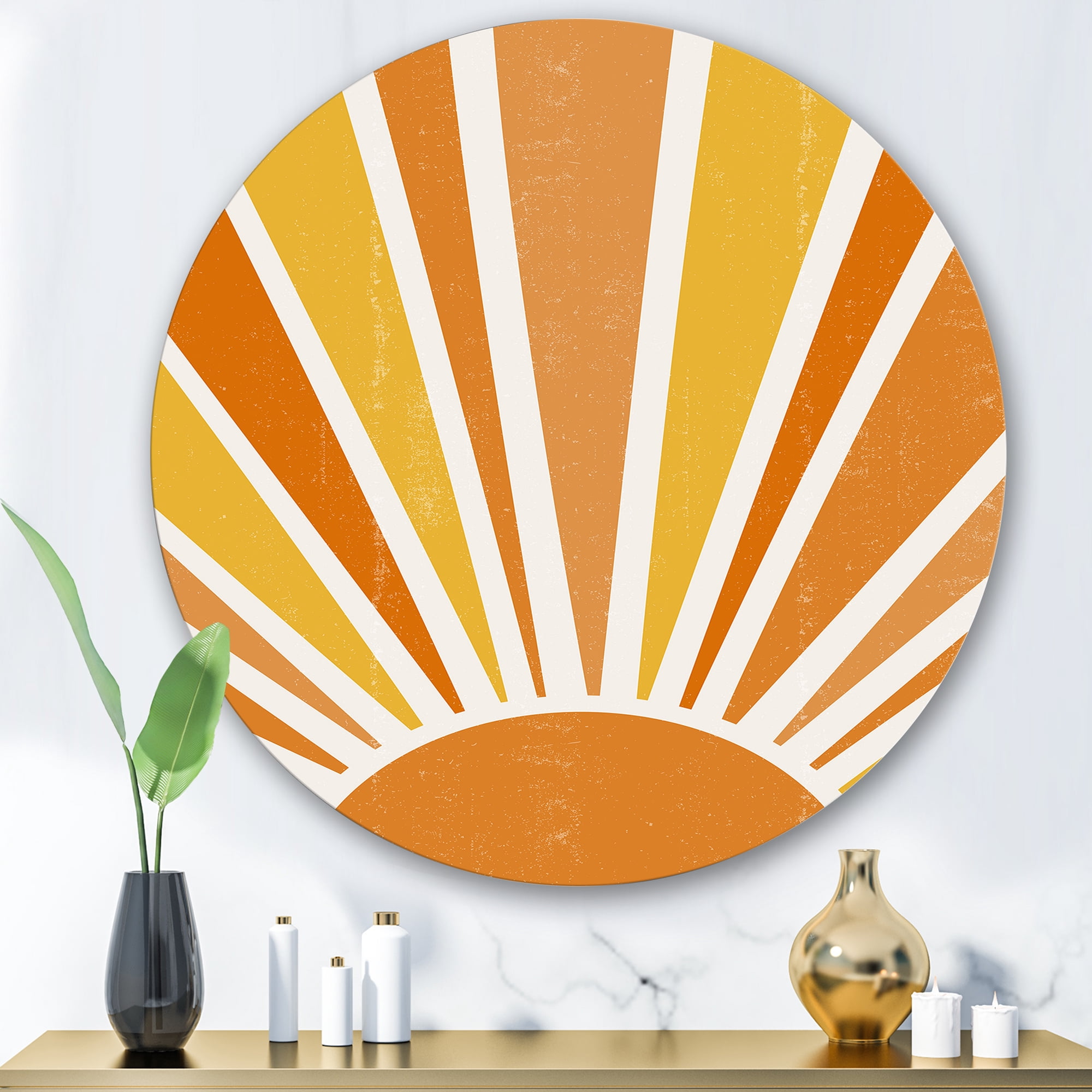 Designart 'Minimal Bright Shining Orange Sun Rays II' Modern Circle Metal Wall Art 29x29 - Disc of 29