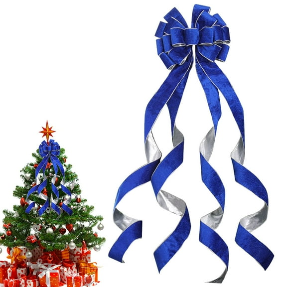 Miommo Blue Burlap Christmas Tree Topper Bow with Long Streamers | Rustic Farmhouse Holiday Home Decoration | Pre-Tied Reusable Wreath Door Hangs Ornament (1PC)