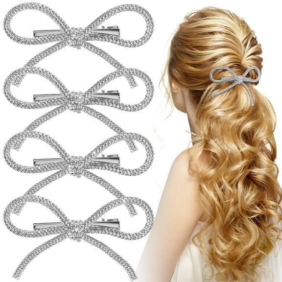 REOFLYUP 4 Pcs Hair Bows for Girls Silver Decorative Bow Clips Barrettes for Weddings