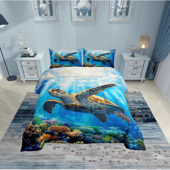 Erosebridal 3D Sea Turtle Bedding Sets Twin with Comforter, Underwater World Duvet Insert, Marine Coral Reversible Comforters & Duvets, Super Cozy Room Decor, 2 Pieces