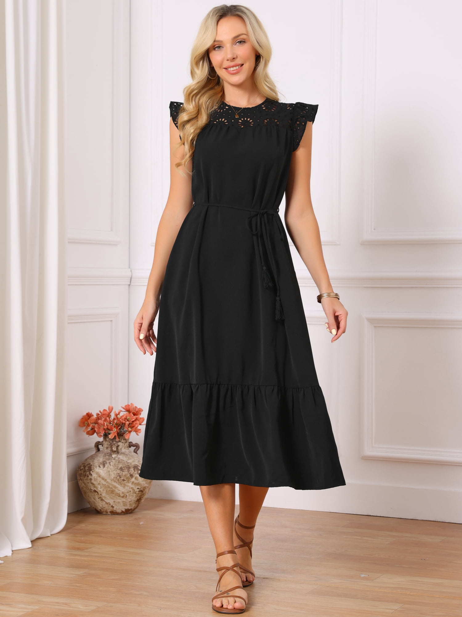 DARING DIVA Women's Eyelet Dress Flutter Sleeve Casual Sundress Flowy Midi S Black
