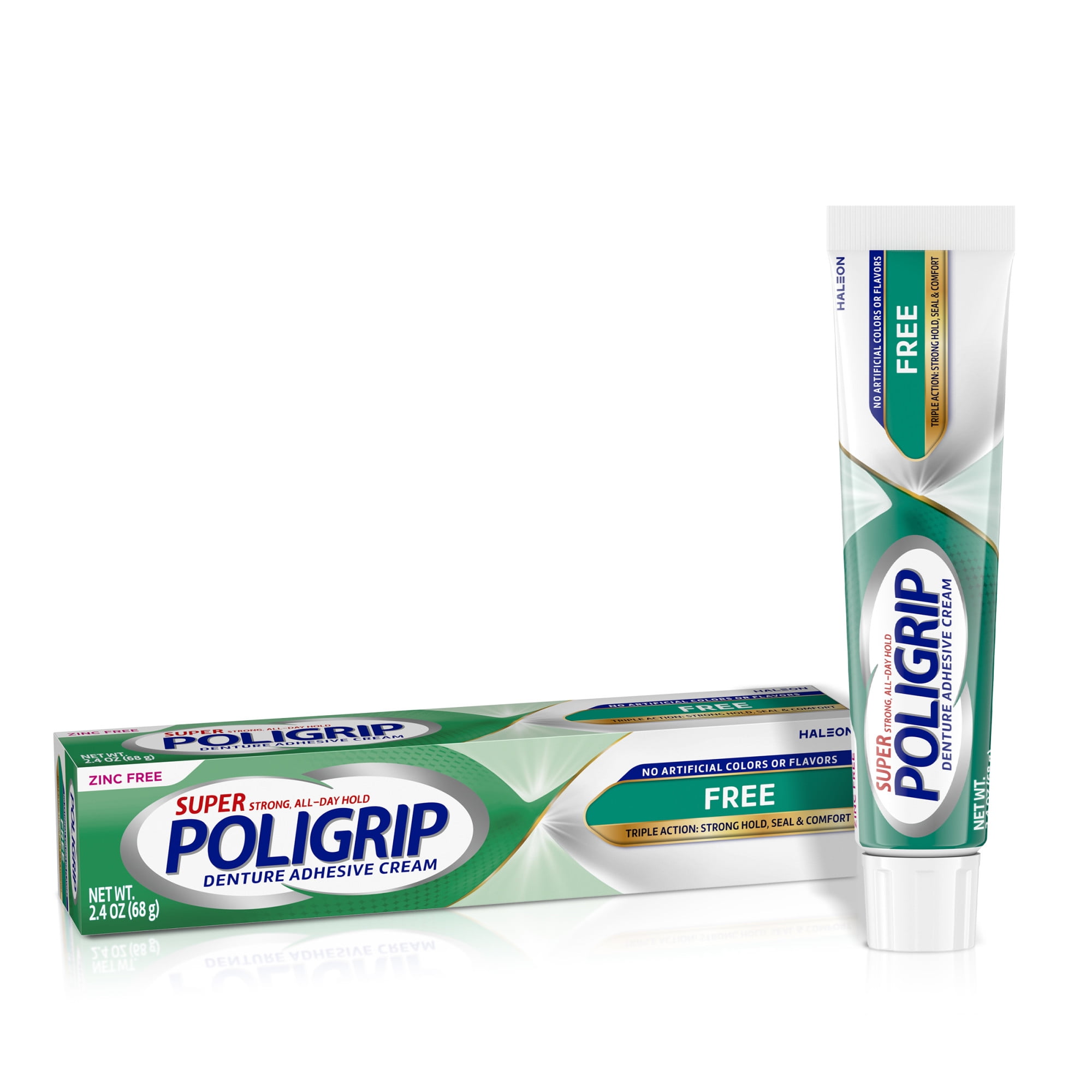 Poligrip Free Denture Adhesive Cream, Strong All-Day Hold, Food Seal, 2.4 Oz