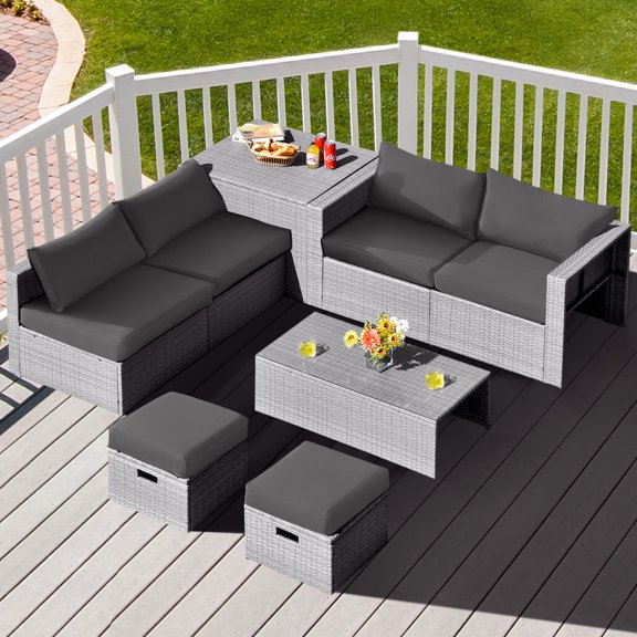 Gymax 8PCS Rattan Patio Space-Saving Furniture Set w/ Waterproof Cover & Grey Cushions