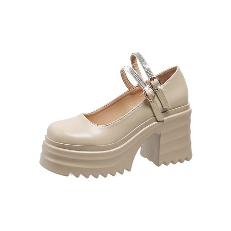 

Difumos Ladies Lolita Shoe High Heel Dress Shoes Chunky Mary Jane Heels Office Comfort Pumps Casual Platform Khaki 6.5