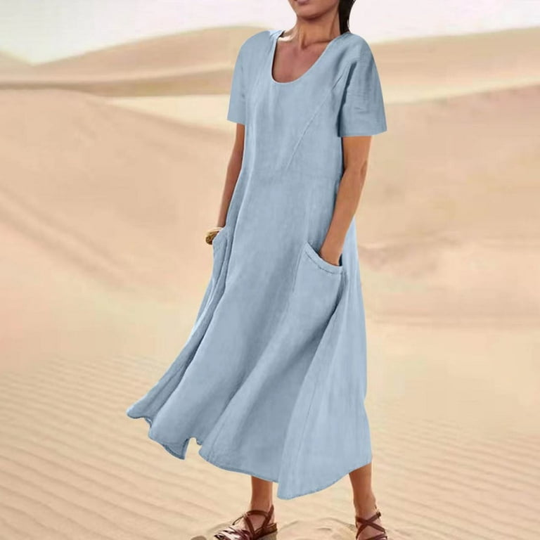 Womens Plus Size Sleeveless Linen Dress Summer Scoop Neck Flowy Tank Beach Long Dress Pockets Casual Maxi Dresses 3X Large Sky Blue Walmart