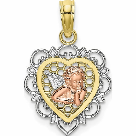 10K Two-Tone Tri-Color Small Angel In Heart Charm (18.9 X 14) Made United States 10k9178