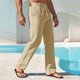 thumbnail image 4 of Pantalones de Cintura Elástica de Verano de Color Sólido Botón Cordón Pierna Recta, Pantalones de Pierna Recta Hombres Bolsillo Casual Salón, 4 of 7
