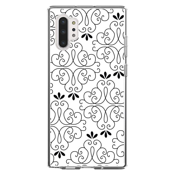 DistinctInk Clear Shockproof Hybrid Case for Galaxy Note 10 PLUS (6.8" Screen) - TPU Bumper, Acrylic Back, Tempered Glass Screen Protector - Black White Floral Pattern