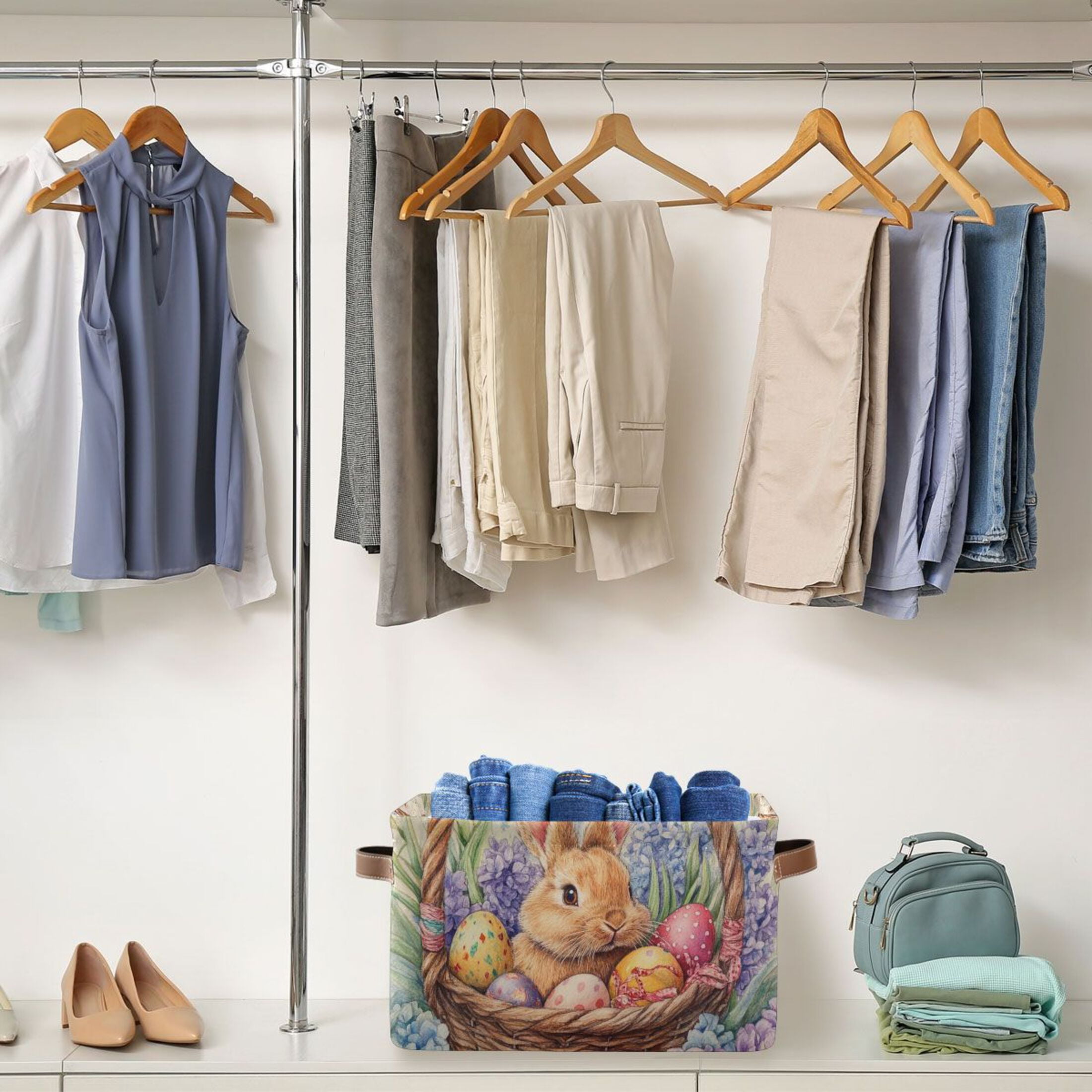 WOBOGO Easter Bunny Square Storage Basket with Waterproof Canvas and PE Lining Durable PU Leather Handles 14.2×10.2×8.3in