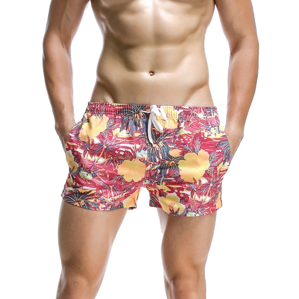 Mens Casual Loose Drawstring Beach Flower Shorts With Pocket 