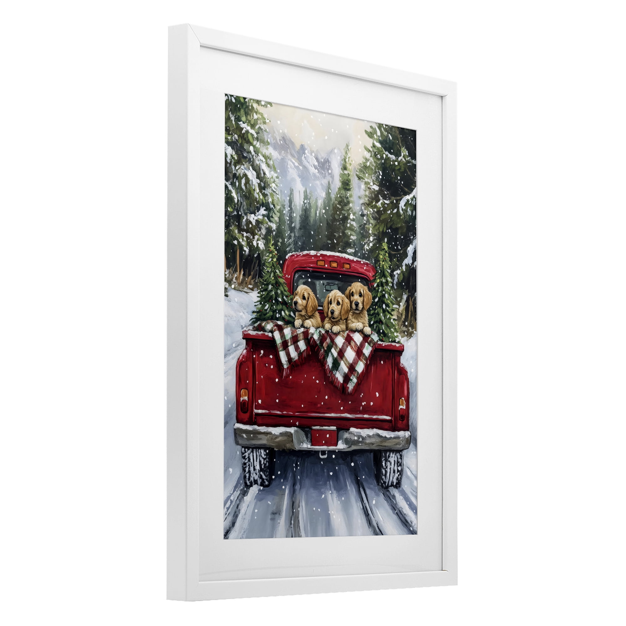 Golden Pups Christmas Truck White Framed Print Under Glass, design by Petal Prints Design