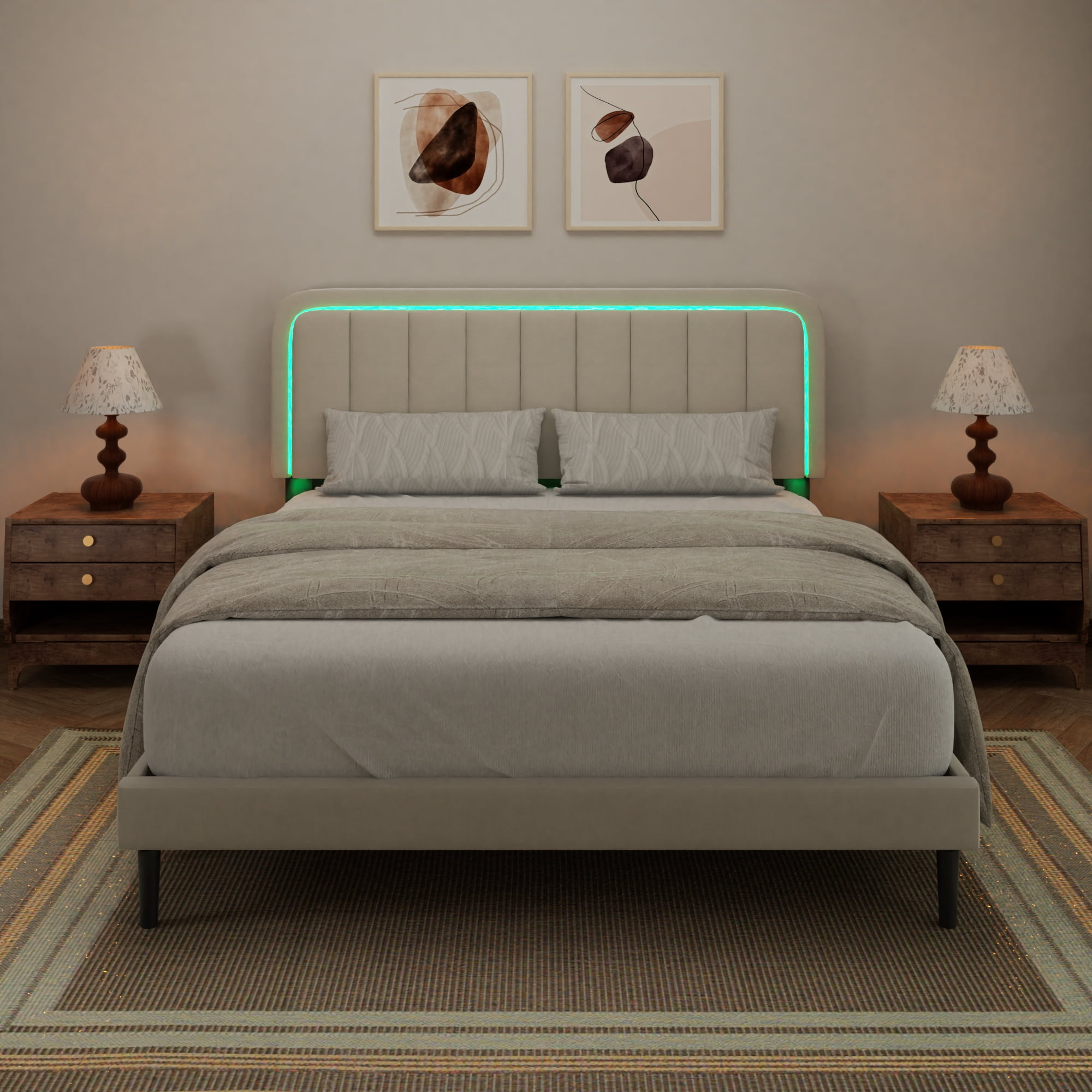 Queen Size Upholstered Bed Frame with Adjustable Headboard, LED Lights, Wooden Slat Support, Velvet Platform Bed, No Box Spring Needed, Easy Assembly, Noise-Free, Beige