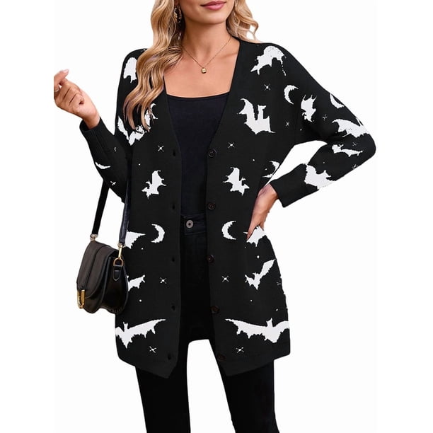 Cárdigan de Punto Holgado Informal de Larga con Botones para Mujer, con Diseño de Murciélago de Halloween. Negro S