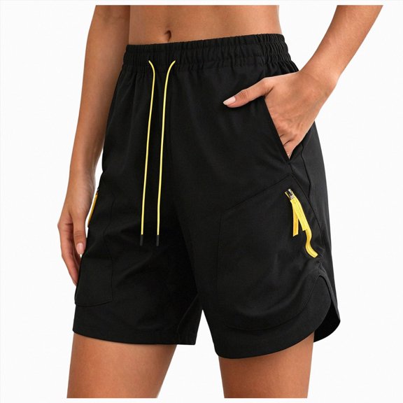 KPOPLK Women's Drawstring Workout Shorts Athletic Running Shorts Crossover High Waisted Gym Shorts with Pockets Size XL,Black