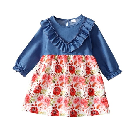 

KIMI BEAR 3-4T Baby Girls Dresses Toddler Girls Fall Winter Clothes Floral Print Stitching Long Sleeve Ruffle Dress Blue
