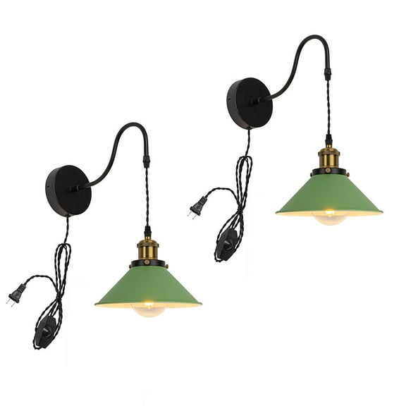 KAYYELAMP 2Pcs Corded Adjustable Black Gooseneck Green Metal Shade Wall Sconce 9.8Ft Dimmer Cable Retro Design Wall Lighting for Bedroom Kitchen Farmhouse Bar