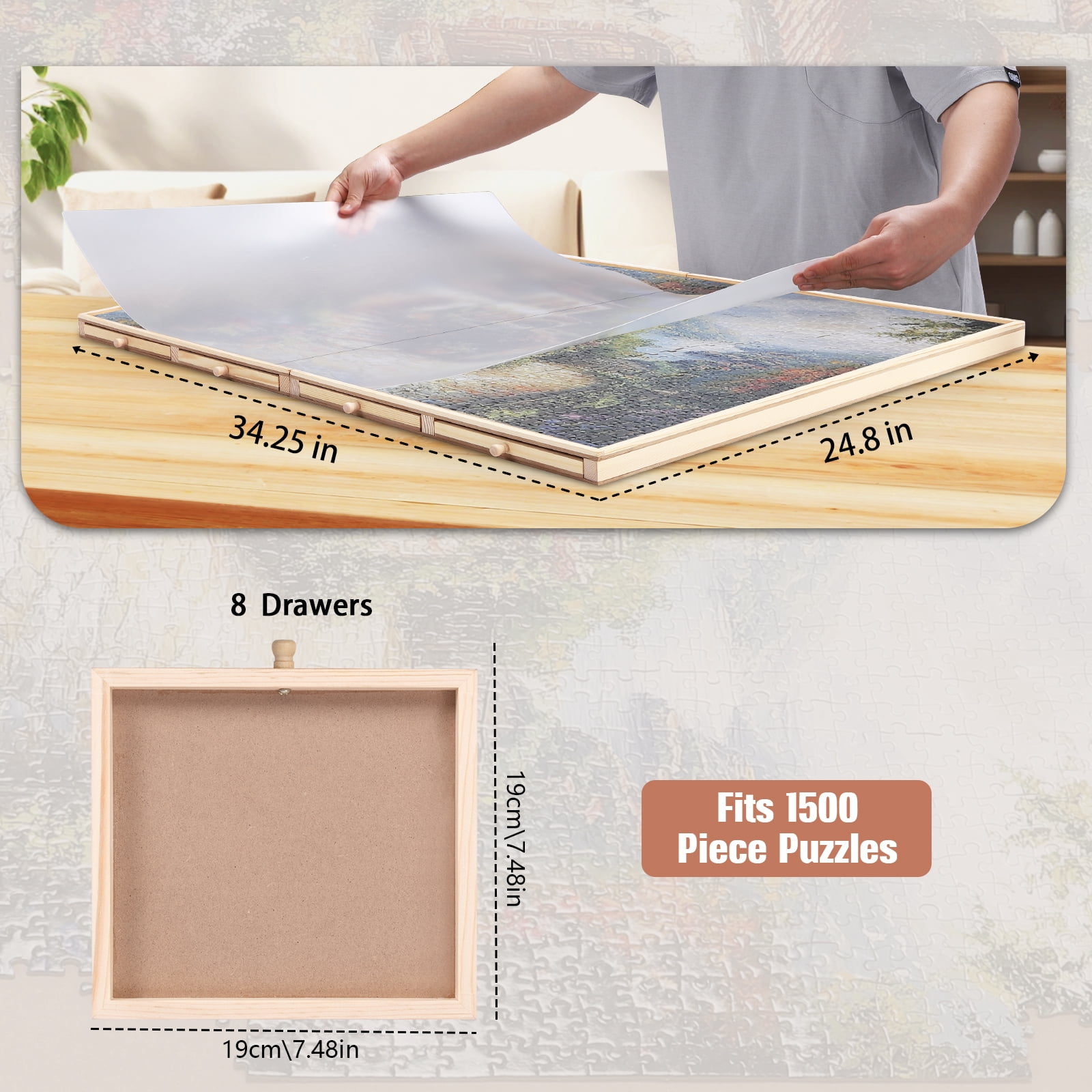 1500 Piece Puzzle Board With Cover And 8 Drawers , 34" X 26" Wooden Rotating Jigsaw Puzzle Table, Fold Spinning Puzzle Boards For Adults