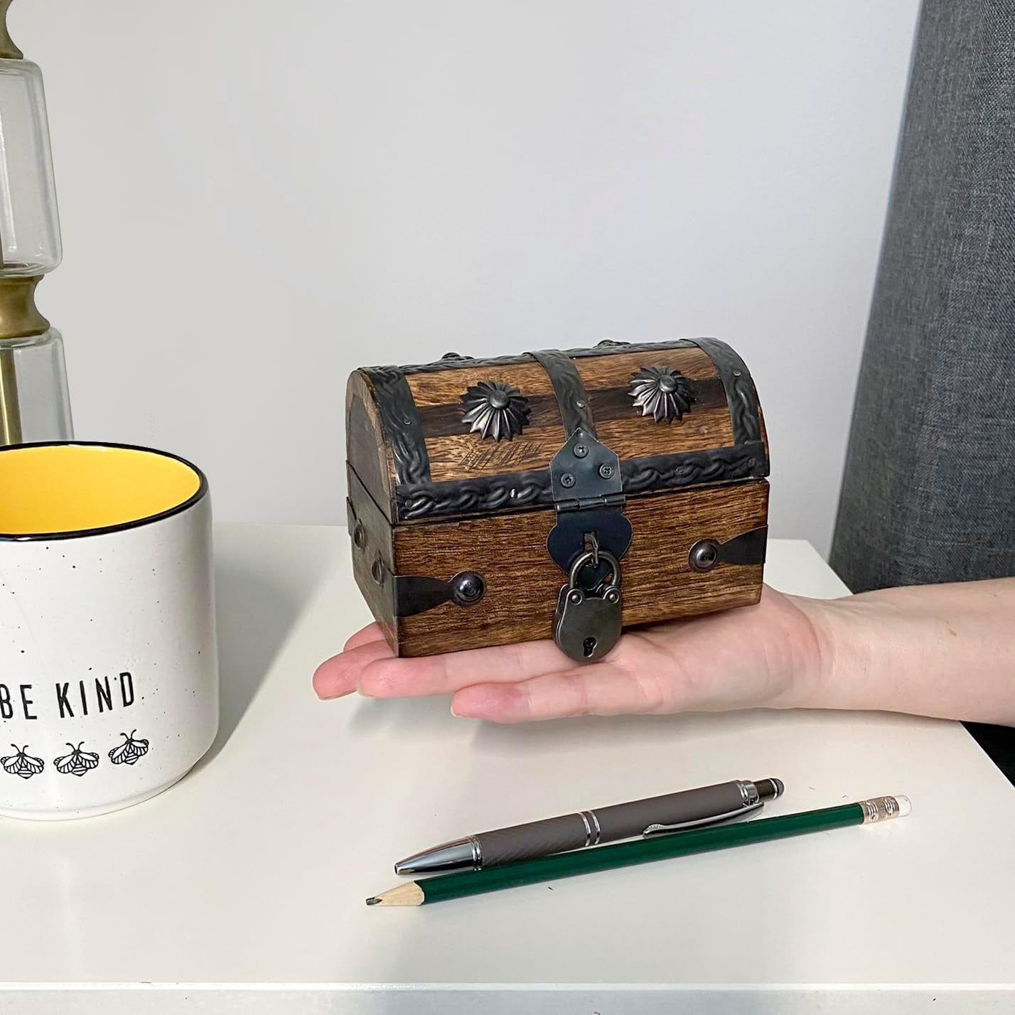 Nautical Cove Wooden Treasure Chest Keepsake Box with Antique Lock and Key – Rustic Pirate Jewelry Storage Box, Decorative Wood Chest with Hinged Lid, Small 5 x 3 x 3.25 Inch