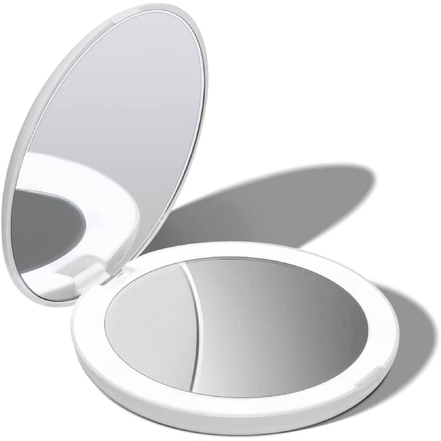 Espejo de bolsillo portátil de dos caras para maquillaje con iluminación LED, aumento de 2X/10X, compacto, plegable, espejo de viaje grande de 9 cm iluminado para cosméticos en movimiento (negro)
