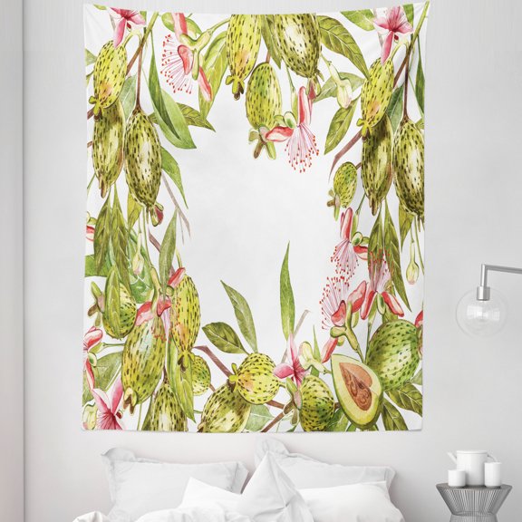 Floral Tapestry, Feijoa Tropical Fruit Plant with Exotic Leaves on Plain Background, Fabric Wall Hanging Decor for Bedroom Living Room Dorm, 5 Sizes, Coral Green, by Ambesonne