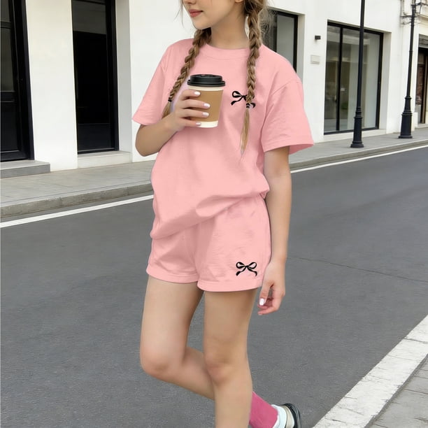 Conjuntos de blusas y camisas de cuello redondo y manga corta para niños, conjunto de dos piezas de top y pantalones cortos de manga corta con cuello redondo y manga corta para niños, top de poliéster