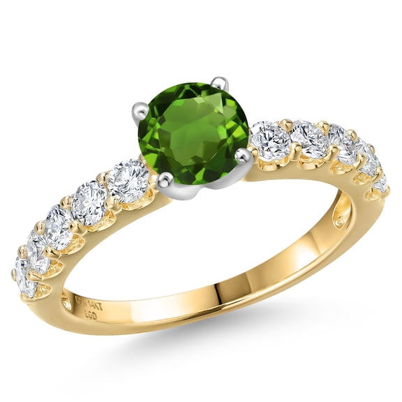 Gem Stone King 14K Two Tone Gold Green Chrome Diopside and Lab Grown Diamond Engagement Ring for Women | 1.15 Cttw | Round 5MM | Gemstone Birthstone | Size 5