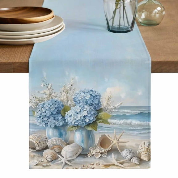 Hydrangeas Flowers Table Runner, Coastal Seaside Starfish Summer Washable Cotton Linen Table Runners 120 Inches Long, Dresser Scarf Runner for Dining/Living Room/Kitchen/Square Tables 13''x120''