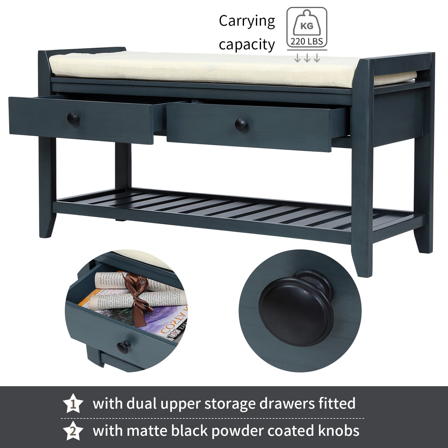 Harper & Bright Designs Shoe Rack with Cushioned Seat and Drawers, Multipurpose Entryway Storage Bench, Antique Navy