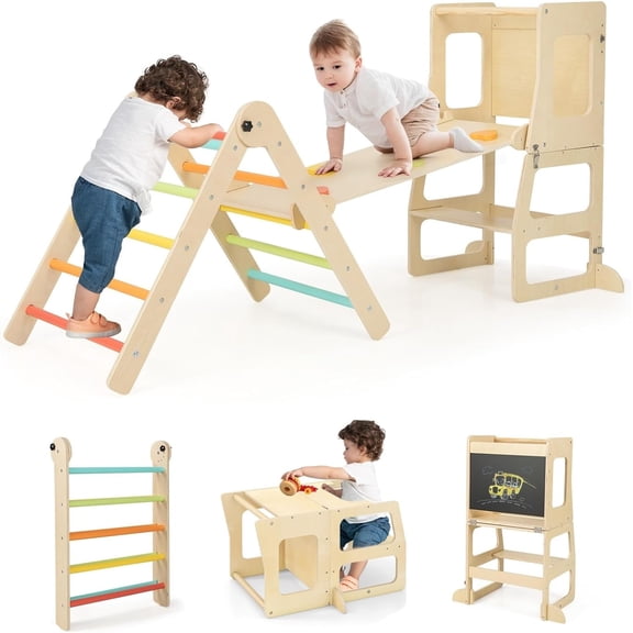 OLAKIDS Climbing Toys for Toddlers, 7 in 1 Foldable Wood Pikler Montessori Jungle Gym with Toddler Tower Angle Adjustable Ladder Ramp Slide, Indoor Kids Playground Climber Triangle Set
