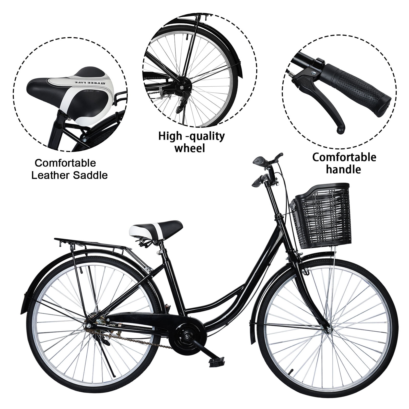 JNXYL 26 Inch Adult Cruiser Bicycle,Commuter Bike with Basket