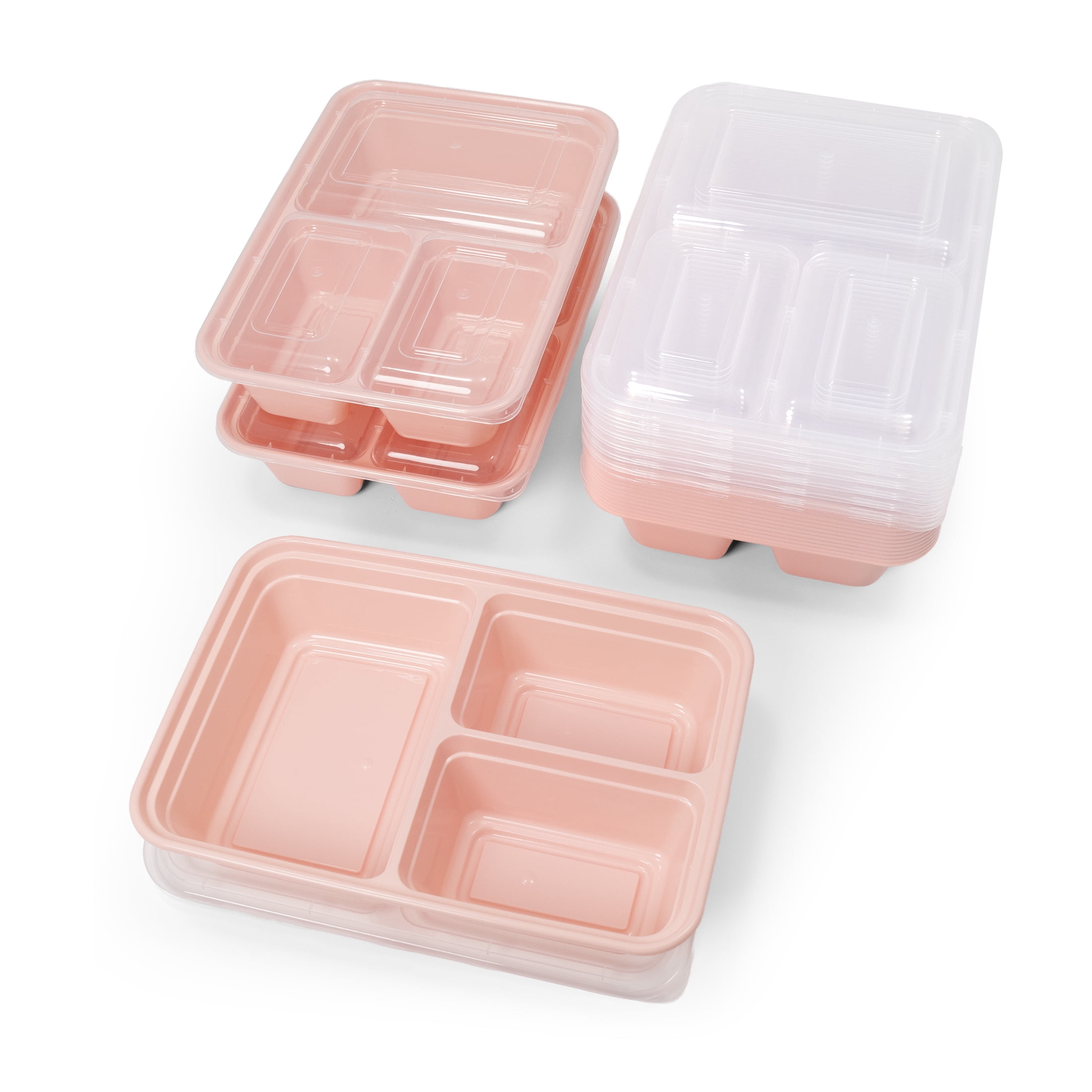 Mainstays 15-Pack 3-Compartment BPA-Free Plastic Meal Prep Food Storage Containers, 0.9L, Pink Blush