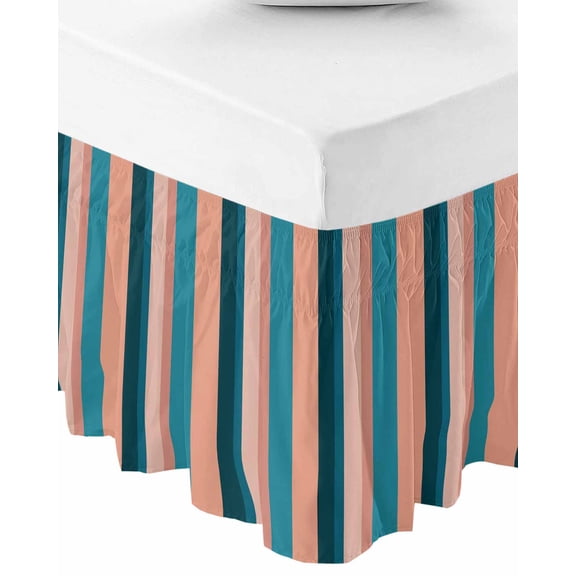 Blue Pink Striped Bed Skirt Queen Size 16 Inch Drop, Wrap Around Bed Skirts, Farmhouse Stripe Elastic Bedskirt Pleated Bed Frame Cover Luxurious Dust Ruffle for Queen Bed