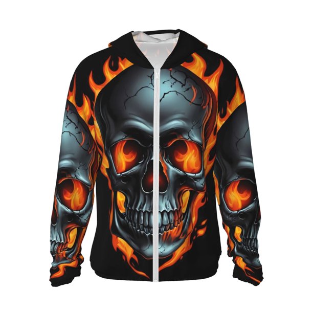 Fotbe Flame Metal Skull Chaqueta con Protección Solar UPF 50+ para Hombre y Mujer, Camisa con Capucha y Bolsillos-Medium