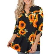 a.Jesdani Women's Plus Size 3/4 Sleeves Tunic Tops Floral Print V Neck Casual Henley Shirts
