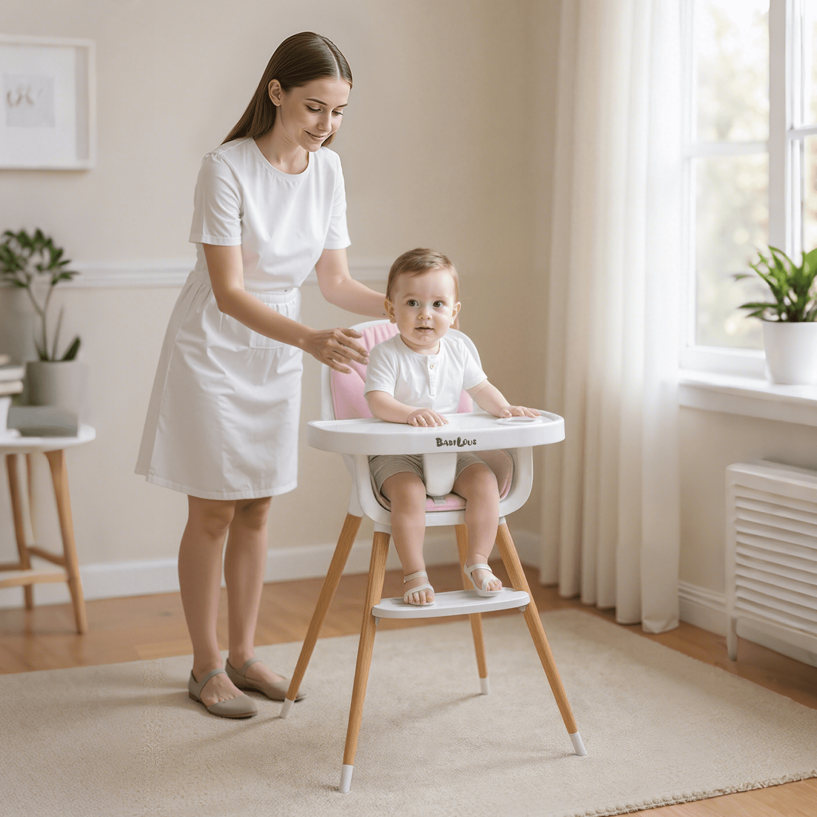 Babilous Baby High Chair, Wooden Highchair with Removable Tray, Adjustable Legs, Cushion, 5-Point Harness and Footrest for Infants, Baby, Toddlers, Pink