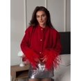 thumbnail image 5 of Cárdigan de punto con puños de plumas empalmados de moda roja para mujer, suéter informal de manga larga con cuello redondo y botones, ropa de calle elegante para mujer 2024, 5 of 5