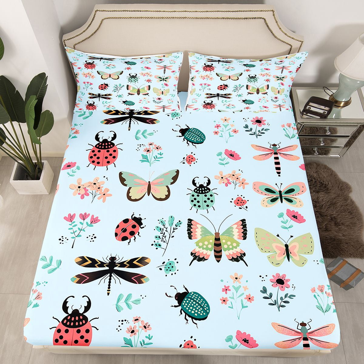 Homewish Kawaii Ladybug Insect Full Size Sheets for Kids, Butterfly Dragonfly Bed Sheets, Blue Cartoon Flower Sheet Sets, Luxury Bedroom Decor, 4-Piece