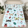 thumbnail image 2 of Homewish Kawaii Ladybug Insect Queen Sheet Sets for Kids, Butterfly Dragonfly Flat Sheet, Blue Cartoon Flower Queen Fitted Sheet, Luxury Bedroom Decor, 4-Piece, 2 of 7