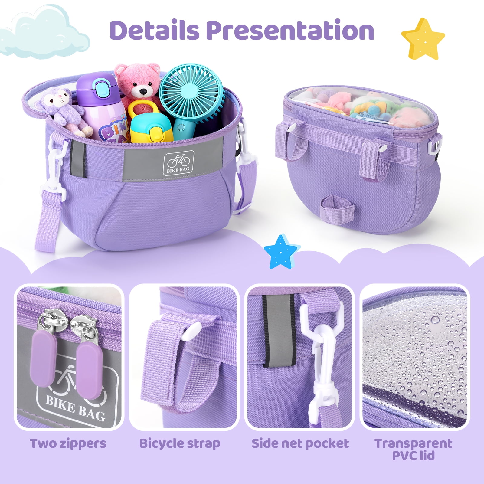 Yucurem Durable Kids Bike Basket, Waterproof Bicycle Front Basket Handlebar Bag with Reflective Safety Straps, Fabric Bicycle Basket for Boys & Girls (Purple)
