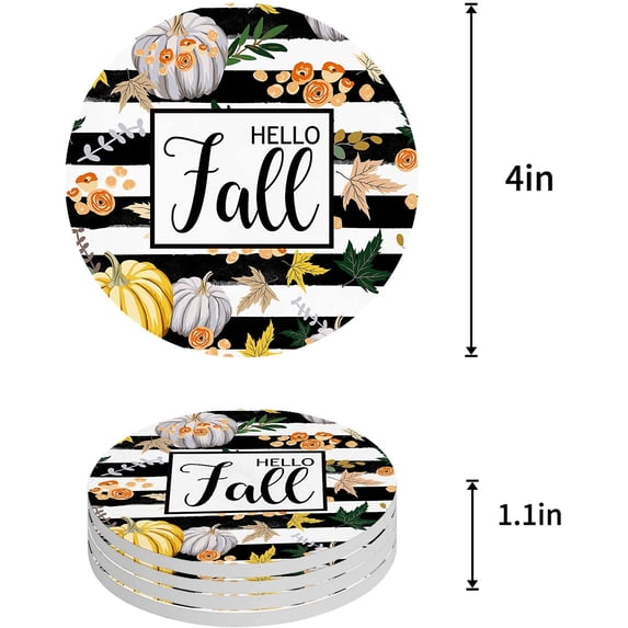 FMSHPON Hello Fall Maple Leaves and Pumpkin Black and White Stripes Set of 4 Round Coaster for Drinks, Absorbent Ceramic Stone Coasters Cup Mat with Cork Base for Coffee Table Bar Decor