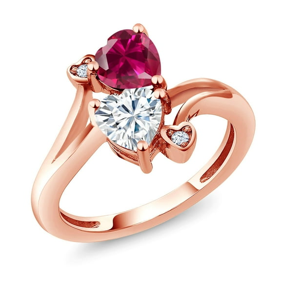 Gem Stone King 18K Rose Gold Plated Silver Red Created Ruby White Moissanite Ring for Women (1.79 Cttw, Heart Shape 6MM, Gemstone July Birthstone, Size 5)