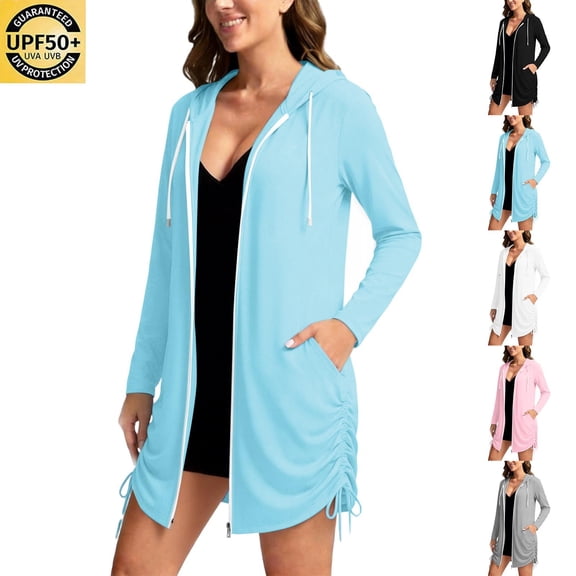 Aboser Women's UV Protection Long Hoodie Jacket with Pockets Zip Up Shirred Jackets Long Sleeve UPF 50 Sun Shirt Women Loose Swimwear Cover Up
