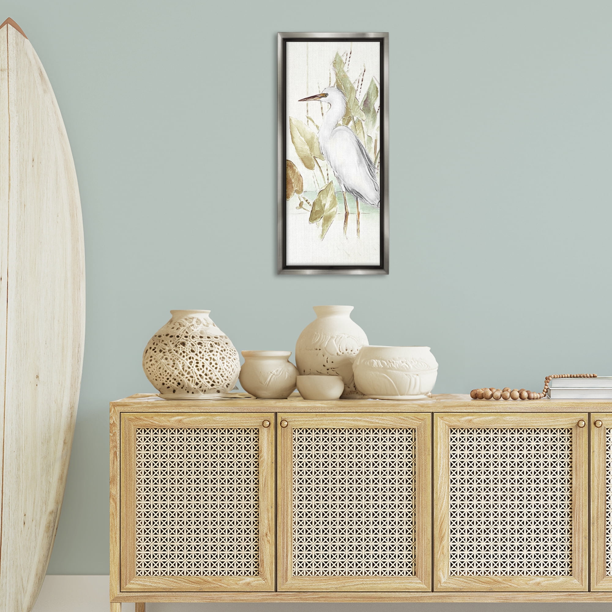 Stupell Industries Egret in Lake Drawing Animals & Insects Drawing Gray Floater Framed Canvas Art Print Wall Art, 15 x 31