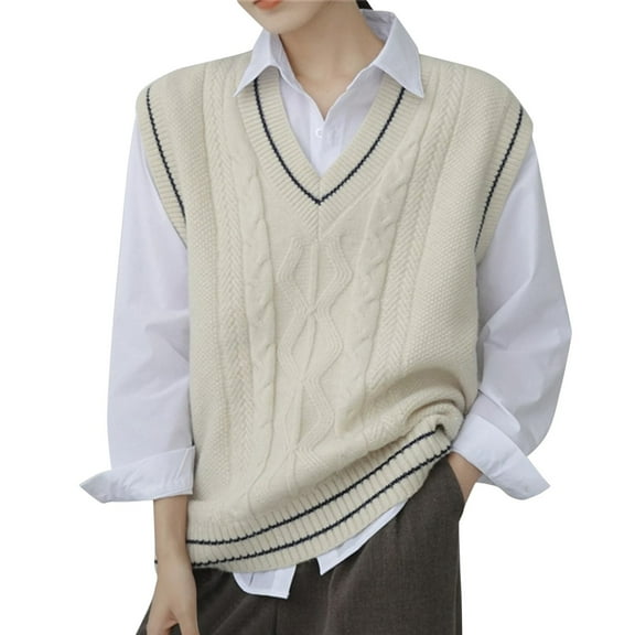 UJNDER V Neck Sweater Vest for Women Oversized Sleeveless Loose Knit Tops Cable Knit Style Beige One Size