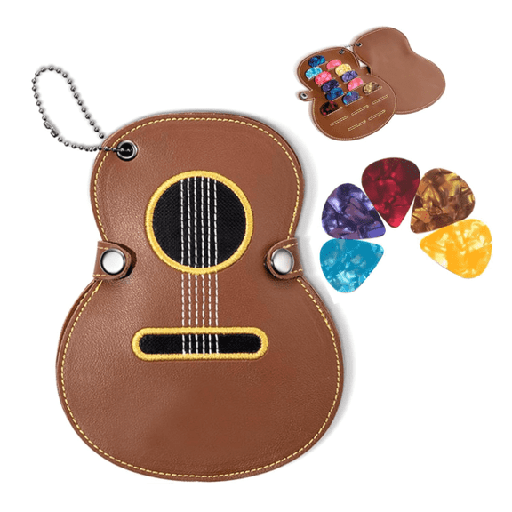 Guitar Pick Case Personalized with 17 Slots, 1Pcs Guitar Pick Organizer Storage Bag with 5pcs Guitar Picks Custom Name on the Guitar Pick Holder Storage Bag for Guitar Lovers Brown