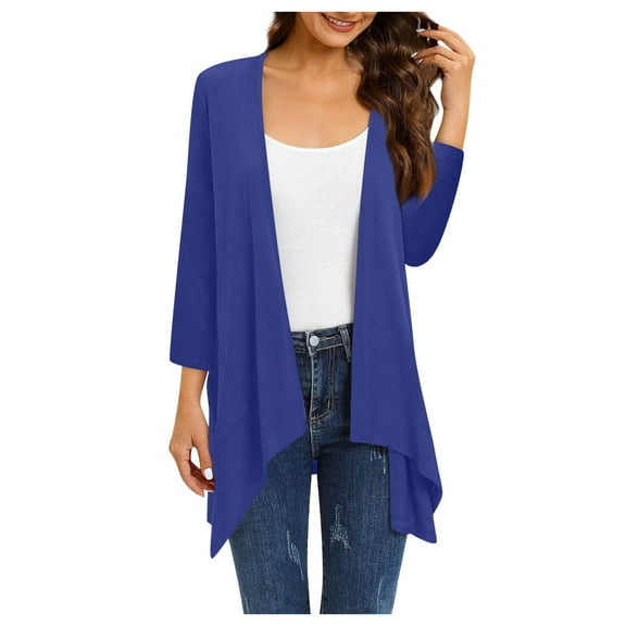 ZKIRBJV Summer Shrugs for Women 3/4 Sleeve Cardigan for Women Lightweight Open Front Shrug Cardigan Floral Print Dressy Casual Duster Cardigans Dark Blue 3XL