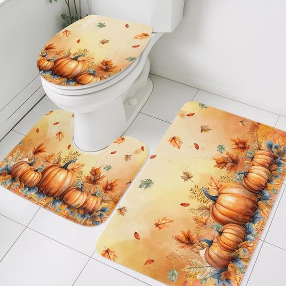 Orange Pumpkin Bathroom Rugs Set Maple Leaf Fall Non Slip Absorbent Soft Bath Mats 3 Piece Set with Bathroom Rug, U-Shaped Floor Mat, Toilet Seat Cover Large Size