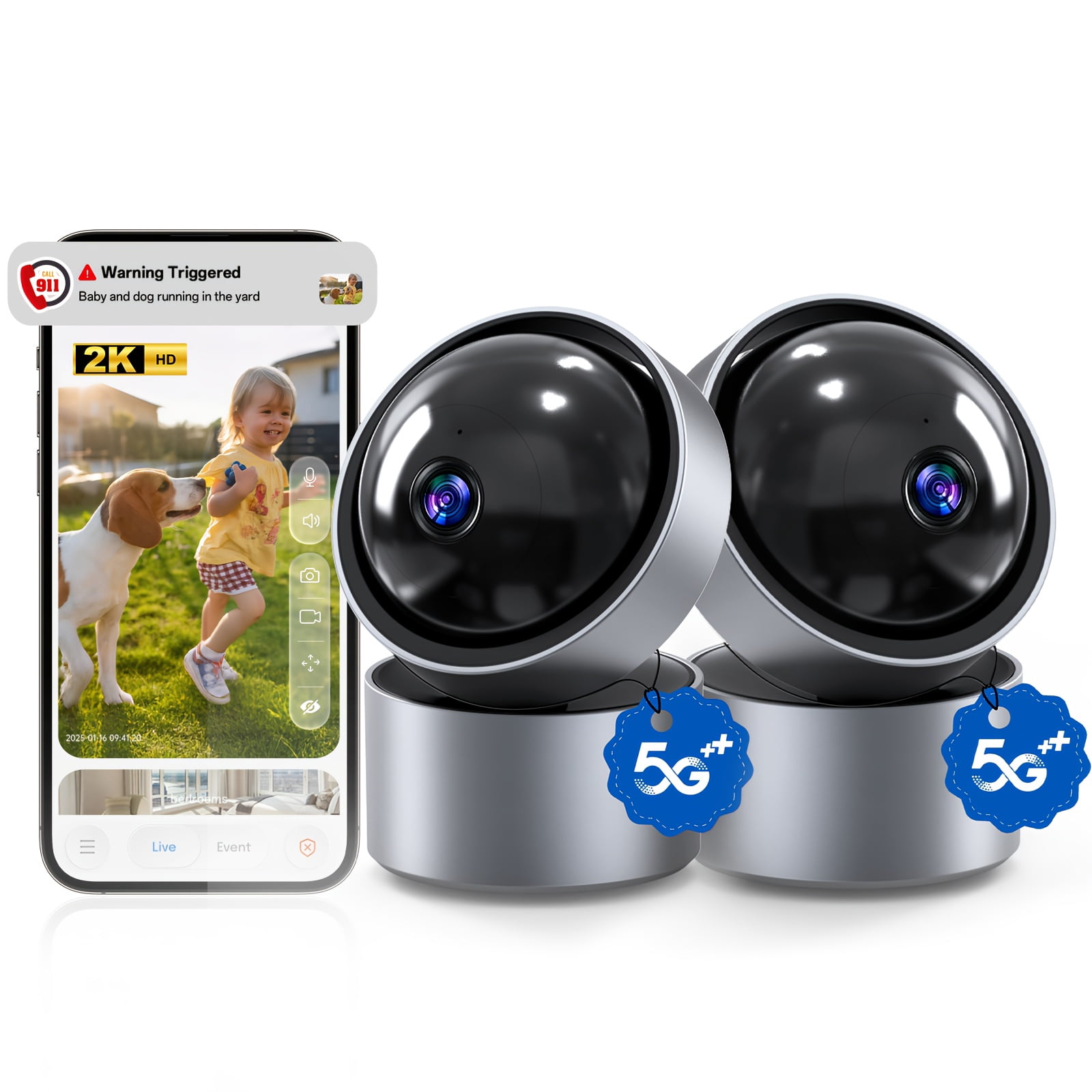 2K HD Smart Globe Security Camera with Audio, 360° Night Vision, Motion Detection for Indoor/Outdoor, Pet & Baby Monitor, Home Surveillance Gift